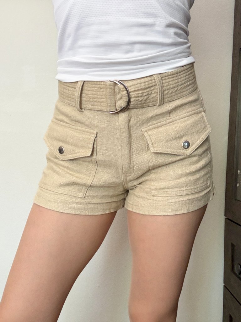 Moon River Light Tan Mini Belted Mid-Rise Shorts